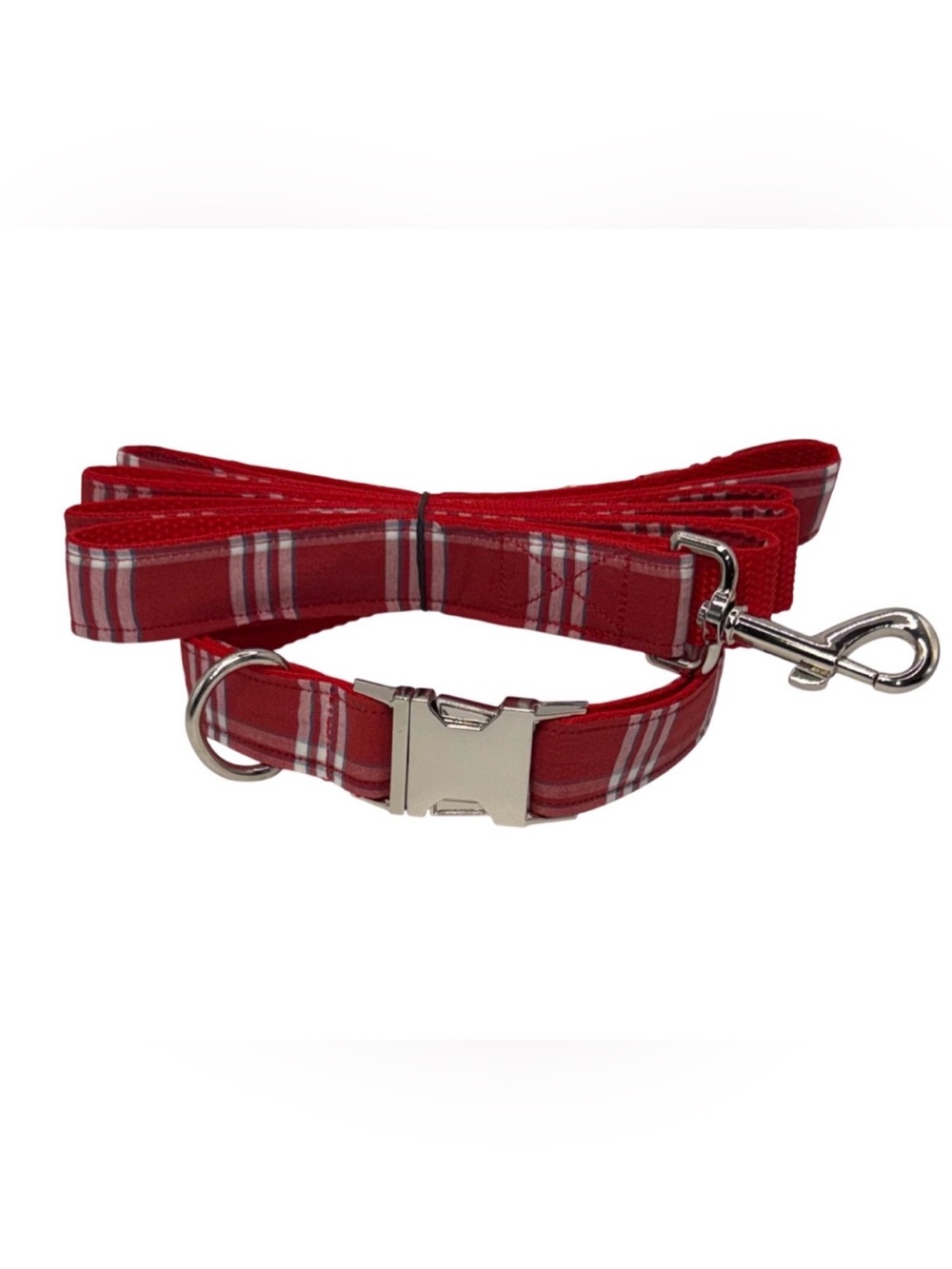 Dog Collar & Leash Plaid Red & White Large Handmade Heavy Duty Metal Buckle New